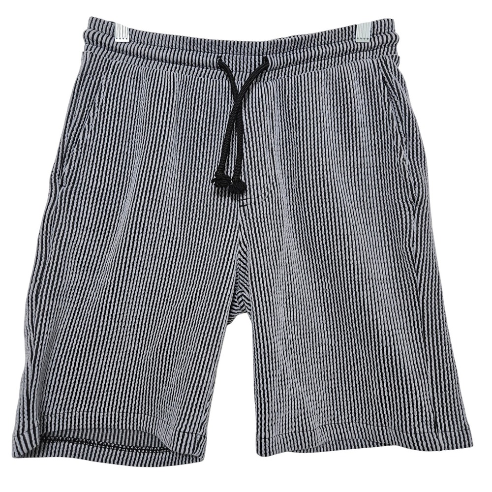 Smog Mens Striped Seersucker Texture Drawstring Lounge Shorts Summer Blk White M